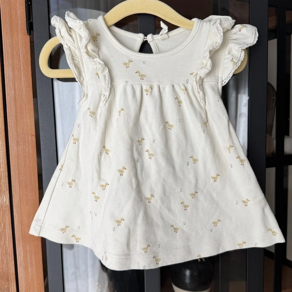 Quincy Mae Flutter dress ducks print lace baby girl beige neutral chicks ruffle